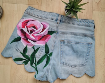 Custom hand painted high waist denim shorts with rose floral pattern