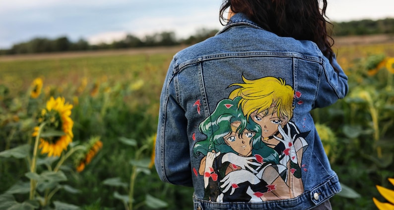 Sailor moon Sailor Uranus y Sailor Neptune hechas a pedido - chaqueta vaquera personalizada pintada a mano imagen 1