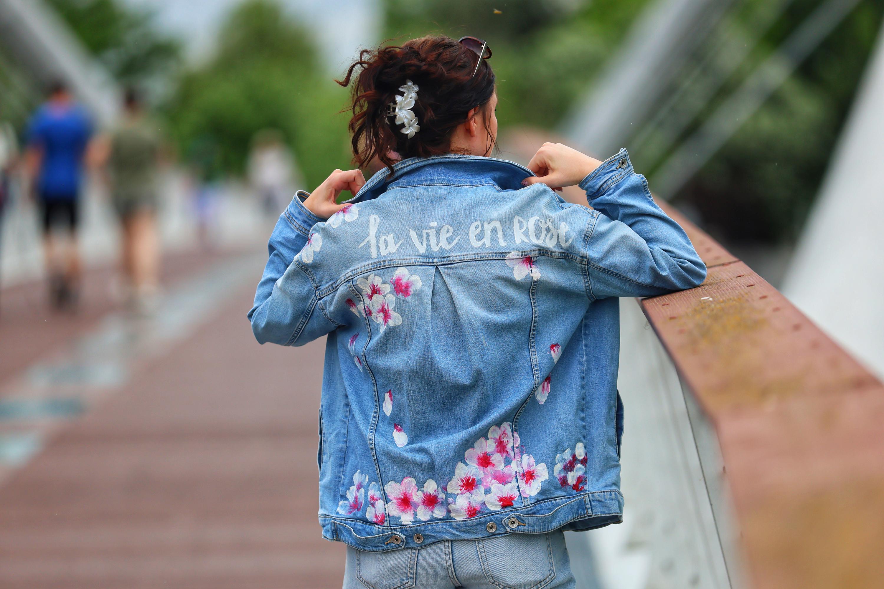 Cherry Blossom Floral Romantic Style Hand Painted Custom Denim