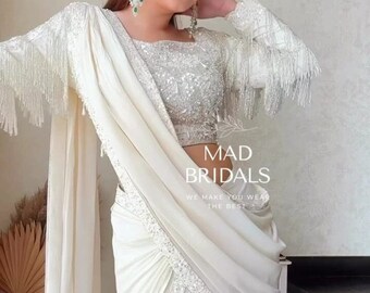 Ivory Viscose Silk Embroidered Designer Wedding Saree