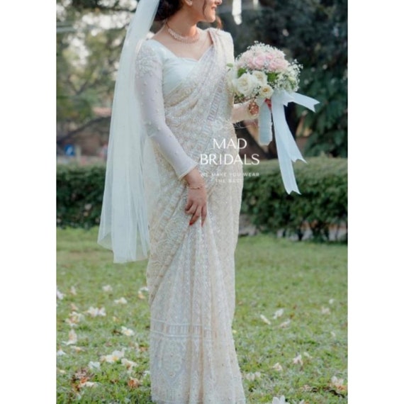 Ivory Chikankari White Bridal Saree wedding Dress Wedding Lehenga