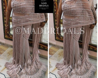 Handmade Saree with Feather Trim and Ivory Beads Hand embellishments Lehenga Saree