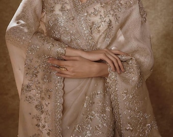 Designer Ivory sabyasachi silk Saree, Indian wedding saree with gold sequins heavy embroidered blouse custom made Bollywood  cocktail saree
