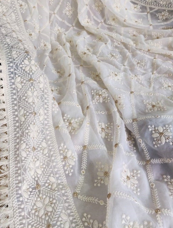 Chikankari Saree, Pure Georgette Embroidered Mukaish Saree