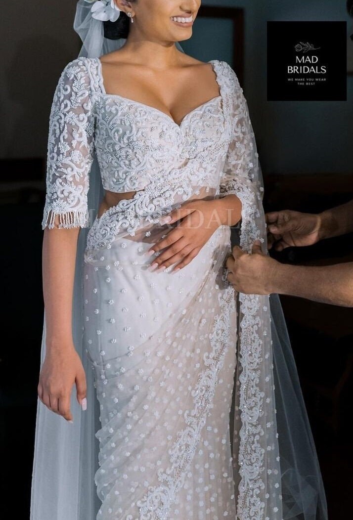 Off White Mirror and Pearl Drop Bridal lehenga set with Veil main image 1