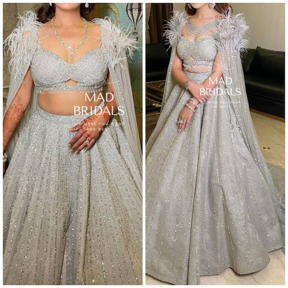 Handmade lehenga saree  Feather trim  Ivory beads Hand Embellishments lehenga saree, white nikkah outfit, white wedding saree, bridal saree