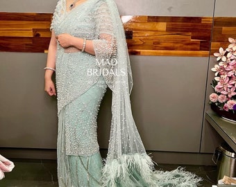 Handgemaakte Saree met verenversiering en ivoren kralen Handversieringen Lehenga Saree