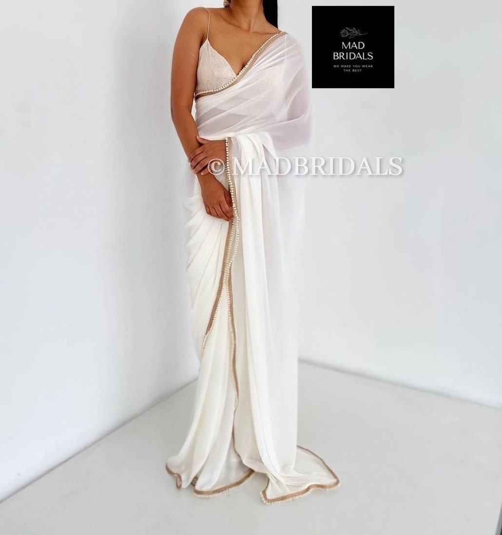 Pearl Grey Satin Silk Embroidered Wedding Wear Saree