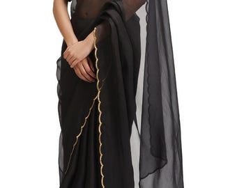 Handmade Black Ivory Organza handwork scalloped border saree with blouse Gold Sequins Embroidery, Custom Blouse Mad Bridals