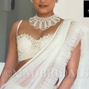 Handmade Ivory Pearl Saree, White Bridal Saree,wedding dress wedding lehenga latest indian fashion lehenga,Indian Pakistan wedding lehenga