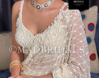 Sari de novia blanco perla marfil hecho a mano, vestido de novia lehenga de última moda india lehenga, lehenga de boda india de Pakistán,