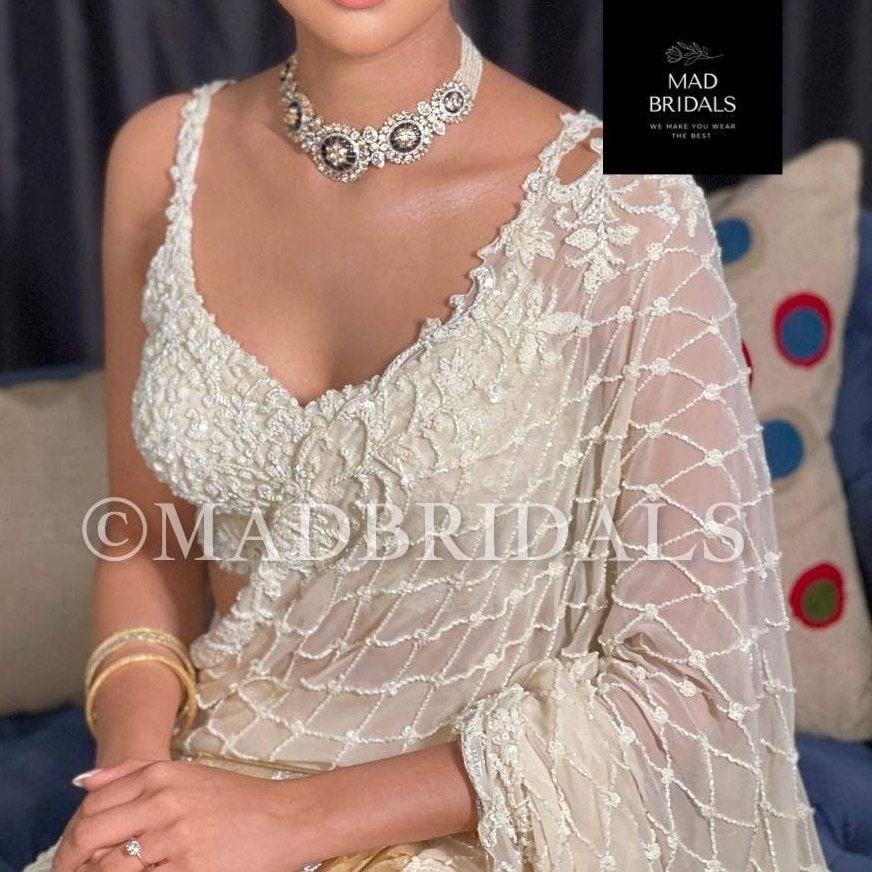 Handmade Ivory Pearl White Bridal Saree,wedding dress wedding lehenga latest indian fashion lehenga,Indian Pakistan wedding lehenga,