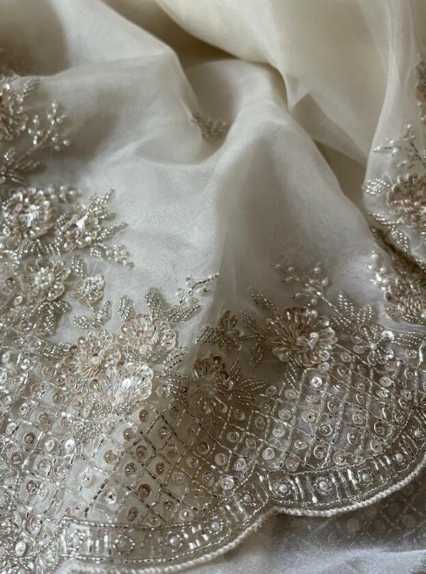 Ivory White Bridal Lehenga set in Pearl Hand Embroidery