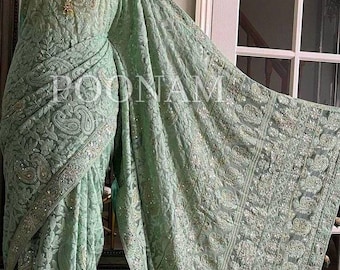 Pastel Chikankari Saree hecho a mano / Georgette puro Chikankari Saree / Boda nupcial Saree / dama de honor Lucknowi Saree / Chikankari Saree EE.UU.