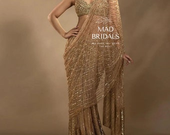 Handmade Gold Saree with Feather Trim and Ivory Beads Hand embellishments Lehenga Saree