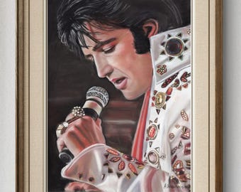Retrato al pastel de Elvis Presley, arte escénico de Las Vegas, pintura original hecha a mano.
