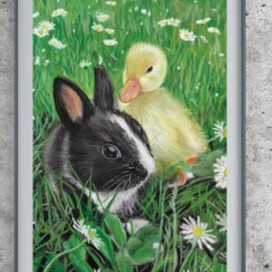 Pastellbild von Hase und Entenkind, Osterbild, Osterbild, Osterbild, Osterbild, Osterbild, Osterbild, Osterbild