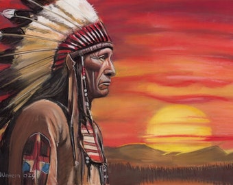 a pastel painting of a north american INDIAN CHIEF