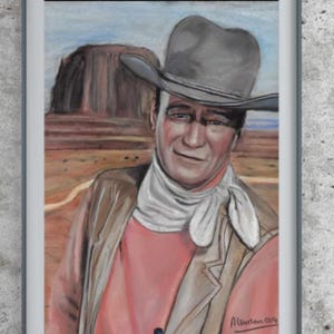 John Wayne Pastel Portrait, The Duke Art, Western Movie Star Painting, Portrait Gift, Cowboy Decor, Man Cave