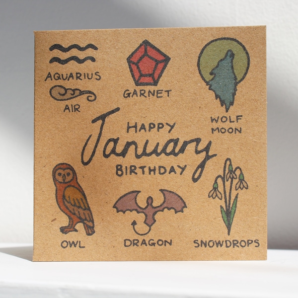All The Things Recycled January Birthday card (10cm x 10cm) - Star sign, birth stone, birth flower, birth bird, full moon, soul symbol