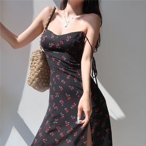 Black and Red Cherry Floral Midi Dress | Y2K Clothing | Korean Fashion | French Retro | Summer Dress | 60s 70s 80s 90s | Harajuku