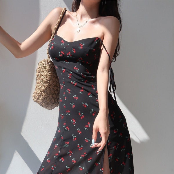 Schwarz und Rot Kirschblüten Midi Kleid | Y2K Kleidung | koreanische Mode | französischer Retro | Sommerkleid | 60er 70er 80er 90er Jahre | Harajuku