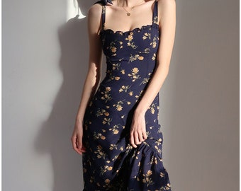 Navy and Orange Floral Maxi Strap Dress | ruffle frill flounce spring summer 50s 60s 70s 80s 90s California LA feminine Parisienne