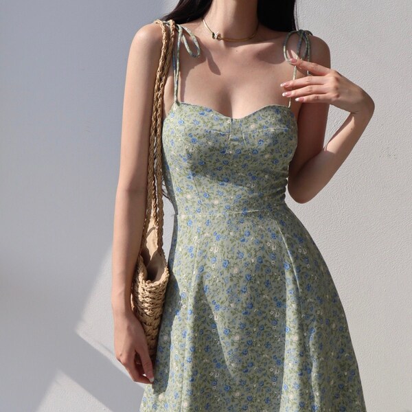 Hot  Milkmaid Sage Green and Blue Floral Mini Dress |Y2K Clothing Korean Fashion French Retro Summer 50s 60s 70s 80s 90s 00s Harajuku