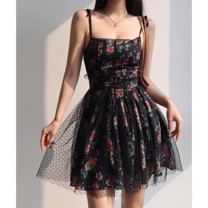 Lace Black and Red Floral Short Mini Dress | Y2K Clothing | Korean Fashion | French Retro | Summer 50s 60s 70s 80s 90s 00s Harajuku