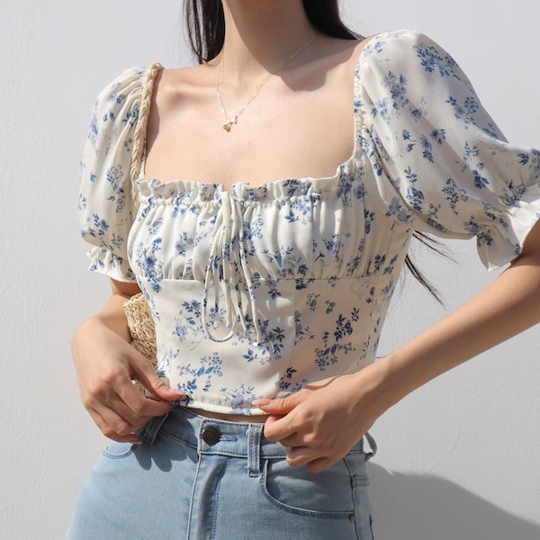 Blue and White Floral Puff Sleeves Crop Top | Versatile Parisian Korean Summer Vacation Picnic Cottage core Milkmaid Homecoming Prom Evening