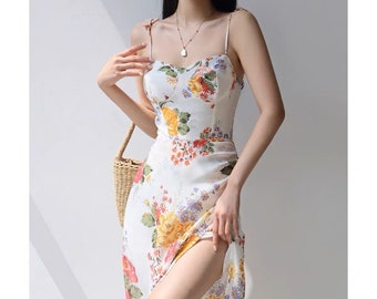 White with multi colour flowers / floral Midi Strap Dress | Y2K Korean Fashion French Retro Summer 50s 60s 70s 80s 90s 00s Versatile