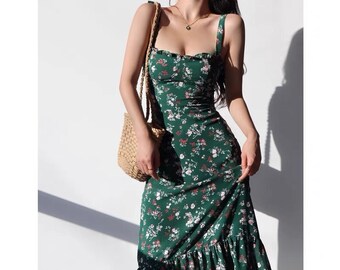 Emerald Green Floral Midi Strap Dress Pink Flowers | ruffle frill flounce Cottage core Parisian Summer 60s 70s 80s 90s 00s Versatile