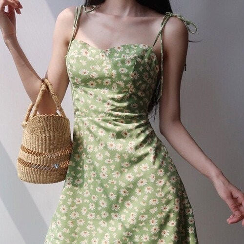 Vintage Milkmaid Green / Lime Floral Mini Dress | Y2K Clothing | Korean Fashion | French Retro | Summer Dress | 60s 70s 80s 90s | Harajuku