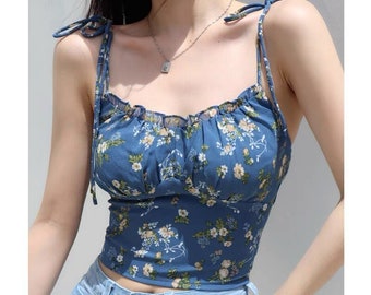 Blue Floral Strappy Cami Crop Top Y2K Clothing Korean Fashion