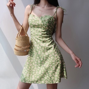 Milkmaid Green / Lime Floral Mini Dress | Y2K Clothing | Korean Fashion | French Retro | Summer Dress | 60s 70s 80s 90s | Harajuku