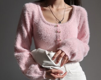Soft Knit Mohair Long Sleeve Crop Cardigan (pink) Y2K Clothing | Korean Fashion | 60s 70s 80s 90s  | Milkmaid | soft girl aesthetic