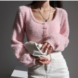 Soft Knit Mohair Long Sleeve Crop Cardigan (pink) Y2K Clothing | Korean Fashion | 60s 70s 80s 90s  | Milkmaid | soft girl aesthetic