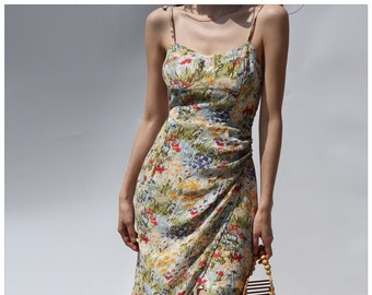 Colourful Floral Split Midi Strap Dress | Y2K Clothing | Korean Fashion | French Retro | Summer 50s 60s 70s 80s 90s 00s Versatile