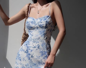 White / Cream Floral Midi Strap Dress (Blue Roses) | Milkmaid Y2K Clothing Korean Fashion French Retro Summer Versatile Cottage core