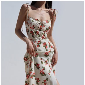 Creamy White and Red Cherry Midi Strap Dress | Y2K Clothing Korean Fashion French Retro Summer 50s 60s 70s 80s 90s 00s Versatile Parisian