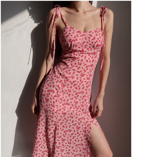 Pink and Red Floral Midi Dress | Y2K Clothing | Korean Fashion | French Retro | Summer Dress | 60s 70s 80s 90s | Harajuku