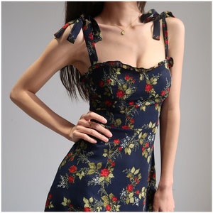 Navy Mini Strap Dress with Red Roses floral flowers | ruffle frills flounce slip ruching summer 50s 60s 70s 80s 90s 00s Versatile