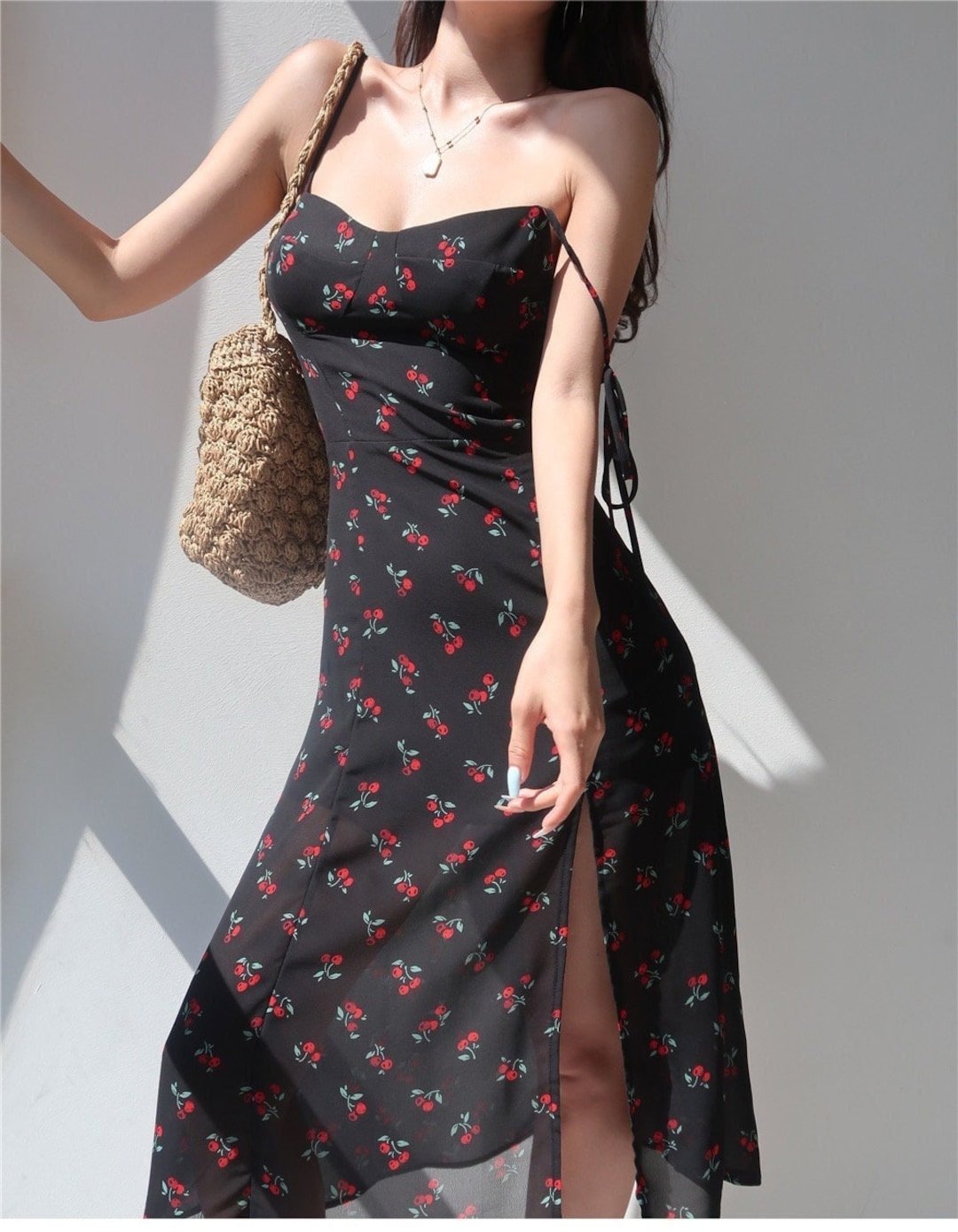Black and Red Cherry Floral Midi Dress Y2K Clothing Korean Fashion