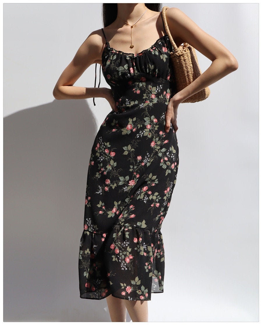 BlancoAndBarley Vintage Black and Pink Roses Maxi Dress | Y2k Clothing | Korean Fashion | French Retro | Summer Dress | 60s 70s 80s 90s | Harajuku