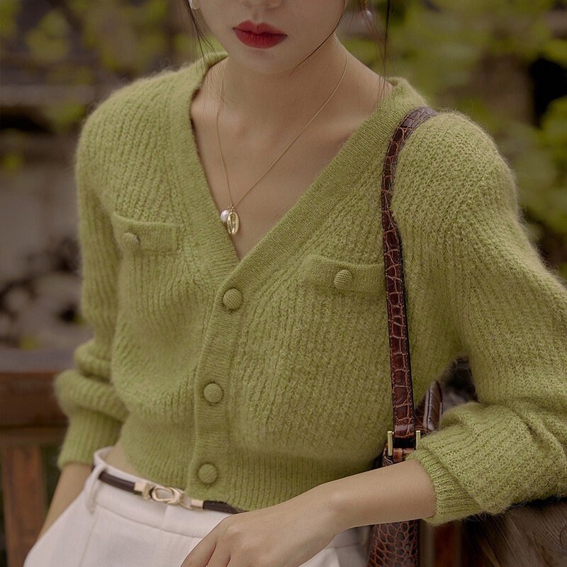 BlancoAndBarley Soft Knit Wool Long Sleeve Loose Cardigan (White Green) Y2k Clothing Korean Fashion 60s 70s 80s 90s Vintage | Milkmaid | Soft Girl Aesthetic