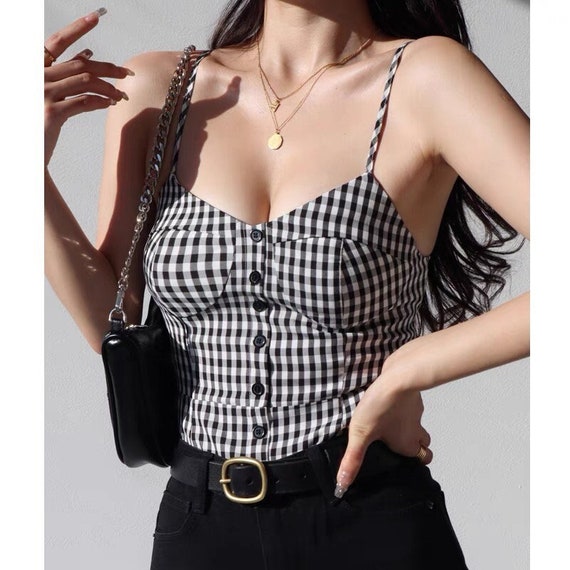 Black and White Checked Strappy Cami Crop Top Y2K Clothing Korean Fashion  French Retro Summer Top Cottagecore Milkmaid 