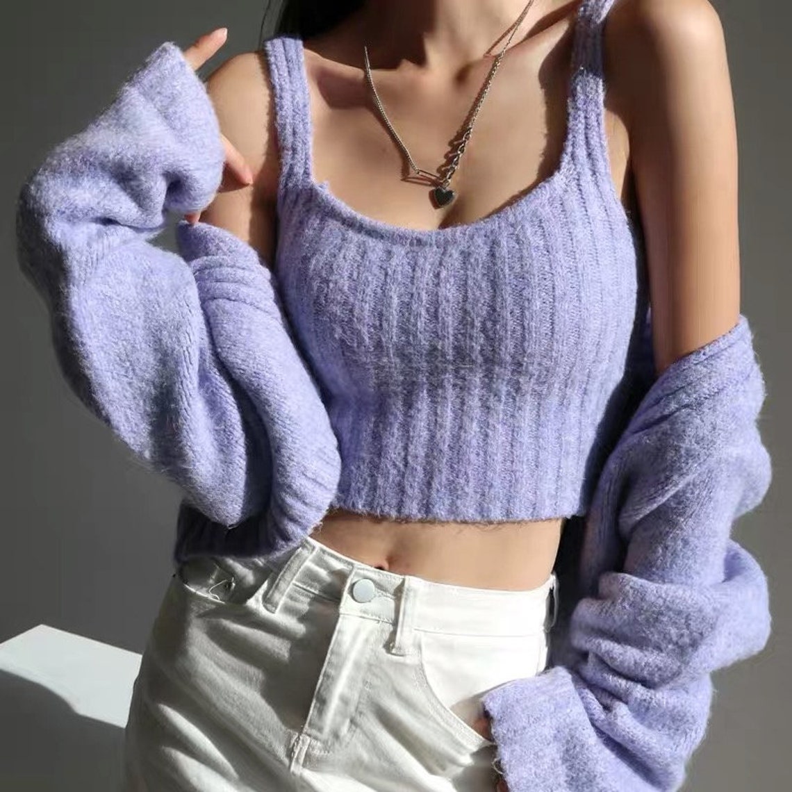 Lilac / Purple Soft Knit Cardigan Set Y2K Clothing Korean Etsy