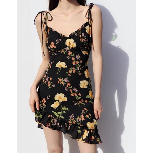 Vintage Black With Yellow Flowers Mini Dress Y2K Clothing - Etsy