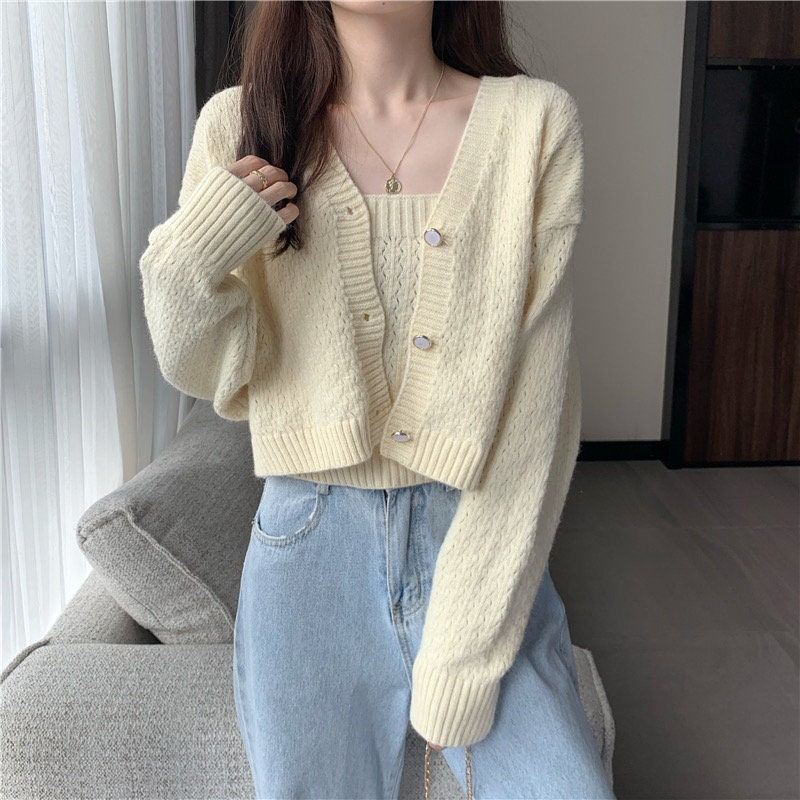Cream Soft Knit Crop Top and Cardigan 
