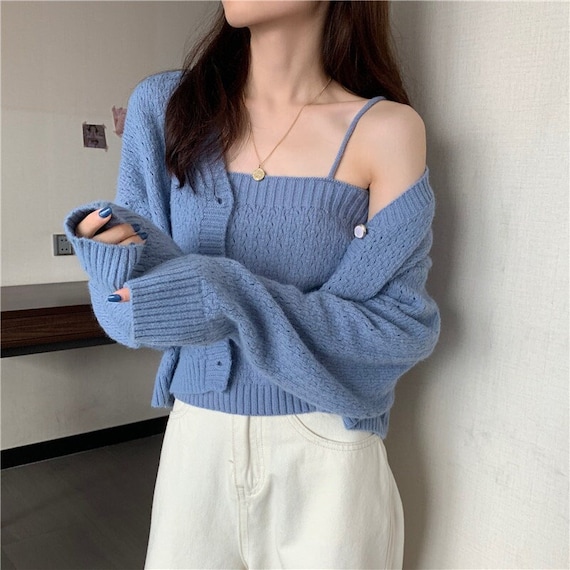 Cream Soft Knit Crop Top and Cardigan 